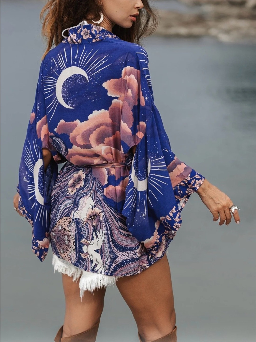 Women’s Blue Celestial Print Kimono Robe